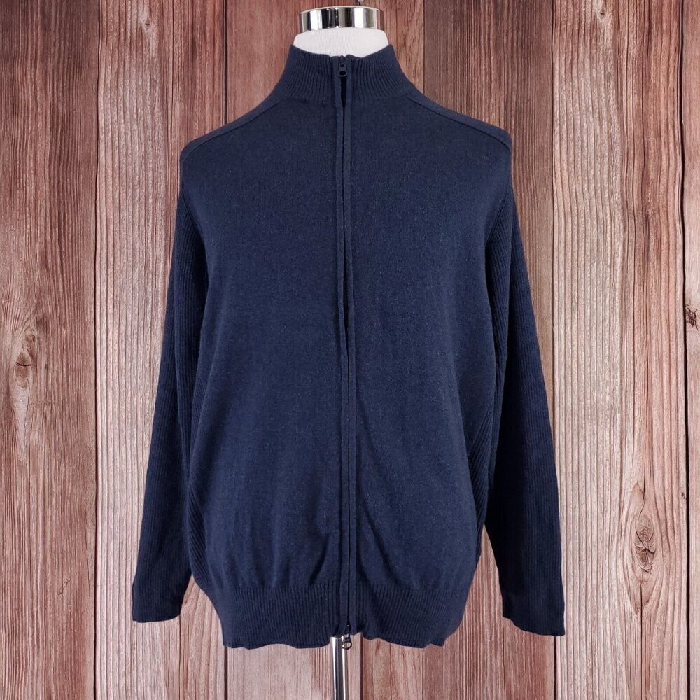 Woolrich Mens Size Large Navy Blue Wool Blend Full Zip Stretch Ribbed Sweater